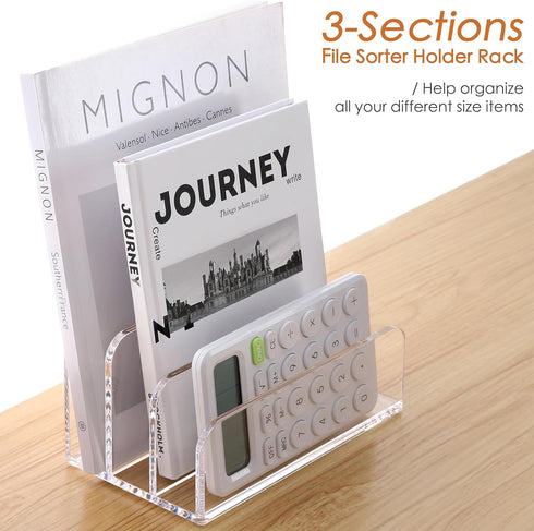 SANRUI 3 Compartments Mail Organizer, Vertical Letter Holder, Acrylic Desk Organizer for Office Supplies
