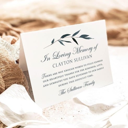 5.5x4.25 (A2) Folded Funeral Thank You Cards, Elegant Leaf Personalized Sympathy Thank You Cards with Envelopes, Blank