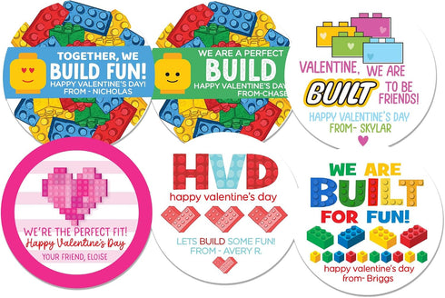 Tickle Bellies Personalized Valentine Stickers for Kids Classroom Exchange Building Blocks Theme Custom Name