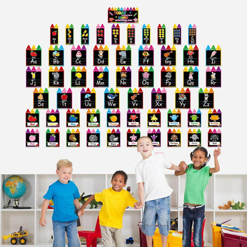 57Pcs Set QOUBAI Alphabet Number Bulletin Board Crayon Letters Number Colors Shapes Poster Back to School Wall