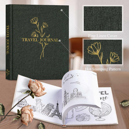 Lanpn Travel Photo Journal Notebook for Women Men, Linen Travel Log Diary Scrapbook Memory Book with Prompts, Anniversary Journals Traveling Gifts (Green, 110 Pages)