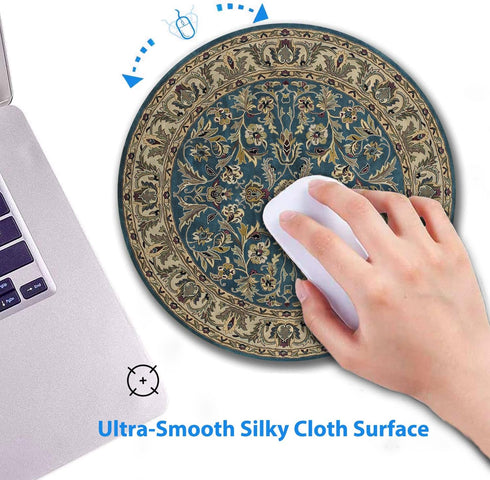 Wknoon Retro Blue and Beige Floral Print Art Round Mouse Pad, Vintage Oriental Persian Design Cute Circular Mat