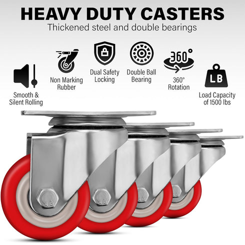 2.5 Inch Heavy Duty Caster Wheels Set of 4, Lockable Cart Wheels with Brakes, 1500lbs Load Capacity, 360 Degree