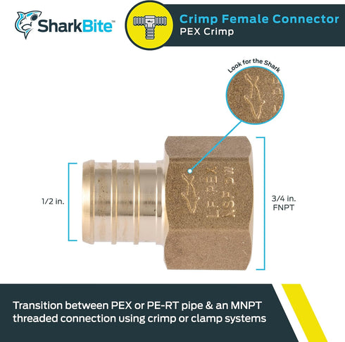SharkBite 3/4 x 1/2 Inch FNPT Crimp Connector, Brass Plumbing Fitting, PEX Pipe, PE-RT, UC092LFA by SharkBite