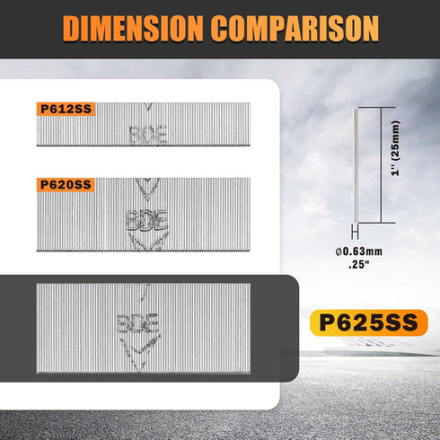 P625SS Headless Pin Nails, 23 Gauge 1'' (25mm) Leg Length, 9,000 PCS/BOX for Pneumatic Pin Nailer