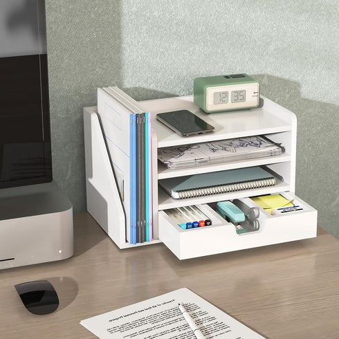 Multi-Tier Wood Desk File Organizer with Side File Rack, 3 Tray Shelves & Adjustable Drawer for Office Setup