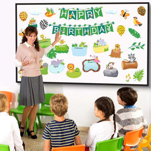 Sepamoon 35 Pcs Happy Birthday Posters, Safari Jungle Animals Bulletin Board Set for Classroom Birthday Decoration