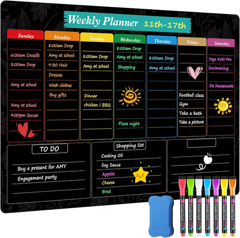 MaxGear 16"x12" Magnetic Weekly Black Dry Erase Board, Meal Planner Blackboard for Fridge with 5 Markers and 1 Eraser