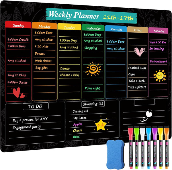 MaxGear 16"x12" Magnetic Weekly Black Dry Erase Board, Meal Planner Blackboard for Fridge with 5 Markers and 1 Eraser