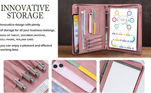 AZXCG Zipper Binder Portfolio for Women, 3 Ring 1 Inch PU Leather Padfolio, Gift for Her