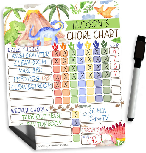 Magnetic Chore Chart for Kids - Good Behavior Dry Erase Daily & Weekly Responsibility List, Dinosaur Design