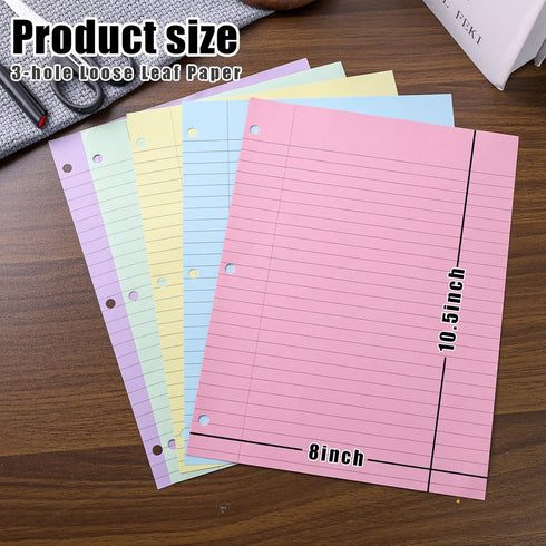 Koogel 300 Sheets Loose Leaf Paper, College Ruled Binder Paper Colorful Office Filler Paper 3-Ring Binders for School Office 8x10.5inch 5 Colors by Koogel