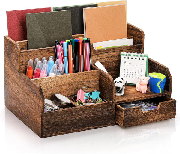 Brown Wooden Mail Organizer with 7 Compartments and Drawer, Rustic Desk Organizer with Pen Holder, Tabletop Mail Basket