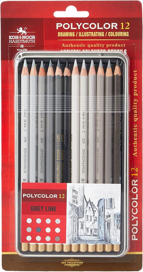 KOH-I-NOOR Polycolor Grey Line Artist's Coloured Pencils (12 Set)