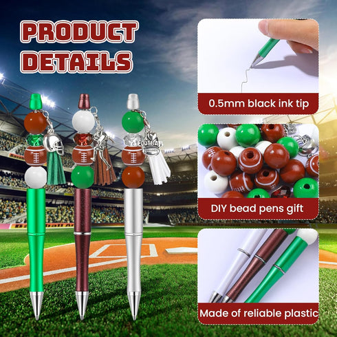 NEWEST 12 Pieces Sports Beadable Pens, Plastic Football Bead Pens, 48 Beads, 12 Tassels, 12 Pendants, DIY Making Kit