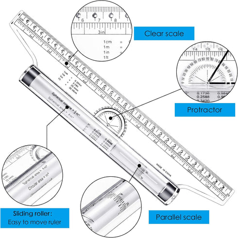Frienda Rolling Ruler, Plastic Parallel Rolling Ruler for Measuring Drafting Office, Multifunctional 12 Inch