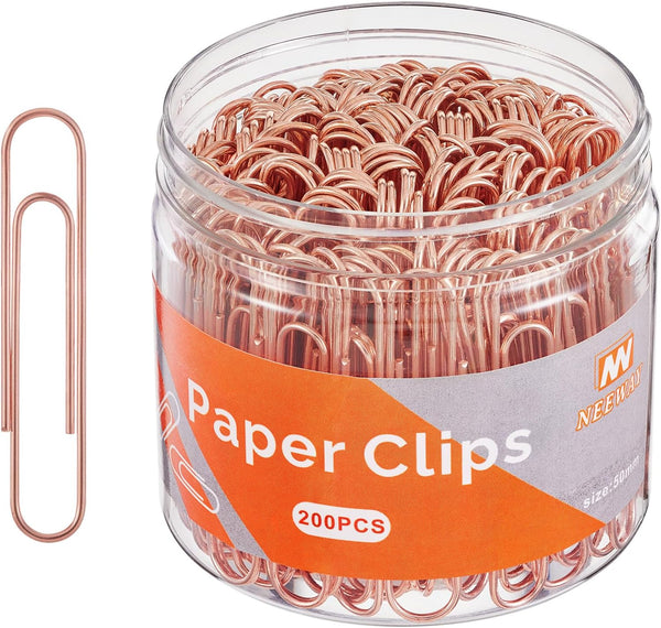 Rose Gold Paper Clips, 200 Count Large Size, 2 Inch Jumbo for School and Office Supplies