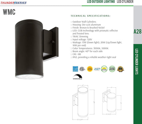 Dimmable CRI80+ IP65 (15W 5000K Westgate Lighting Outdoor LED Cylinder Light - Up/Down Wall Sconce Lamp Fixture W/COB
