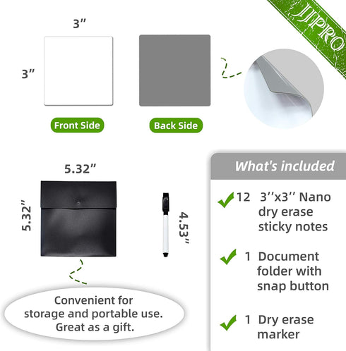 Dry Erase Sticky Notes, Reusable Whiteboard Stickers, 3"x3", 12 Pack, Great for Labels, Lists, Reminders, Washable,