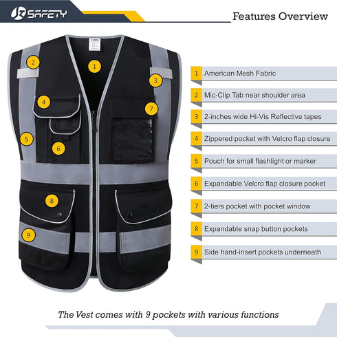 JKSafety 9 Pockets High Visibility Safety Vest for Men and Women, Hi-Vis Reflective Black Safety Vests