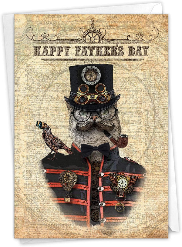 NobleWorks Funny Father's Day Card for Dad, Pa, Pop, Daddy, Stepfather, Humor Notecard with Envelope, Steampunk Cat