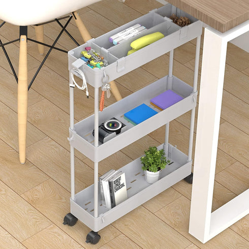 SPACELEAD 3 Tier Slim Rolling Storage Cart - Mobile Utility Organizer Trolley for Bathroom, Office, Kitchen, Grey