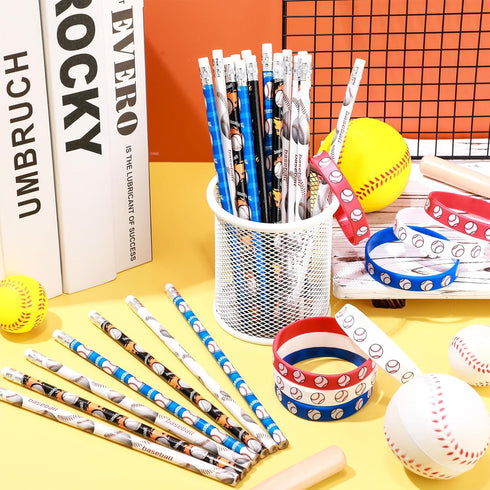 Sabary 48 Pcs Sports Pencils Set, Silicone Bracelets, Soccer, Football, Basketball, Baseball, Birthday Gifts