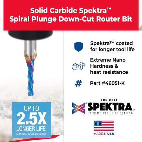 Amana Tool Spektra Extreme Tool Life Solid Carbide CNC Down-Cut Spiral Plunge Router Bit, 46051-K, 1/8 Dia