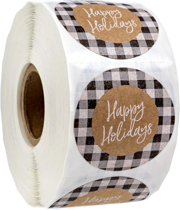 Black and White Buffalo Plaid Happy Holidays Stickers, 500 Christmas Gingham Envelope Seals