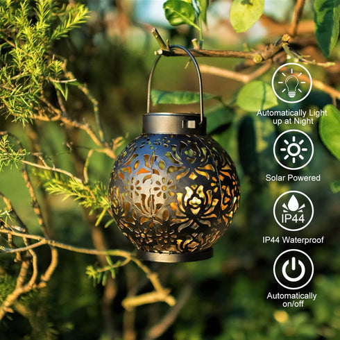 EXCMARK 2 Pack Outdoor Solar Hanging Lantern Lights Metal LED Decorative Lamp for Garden Patio Courtyard Lawn and Table