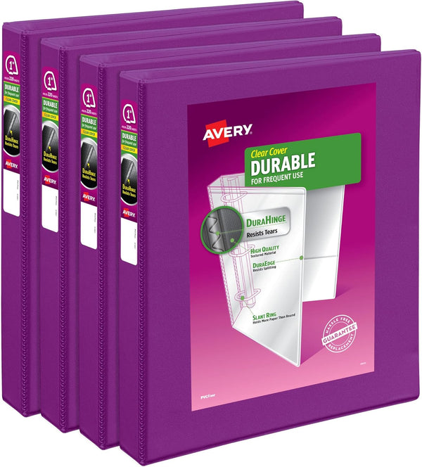 Avery Durable View 3 Ring Binders, 1 Inch Slant Rings, 4 Purple Binders (46014)