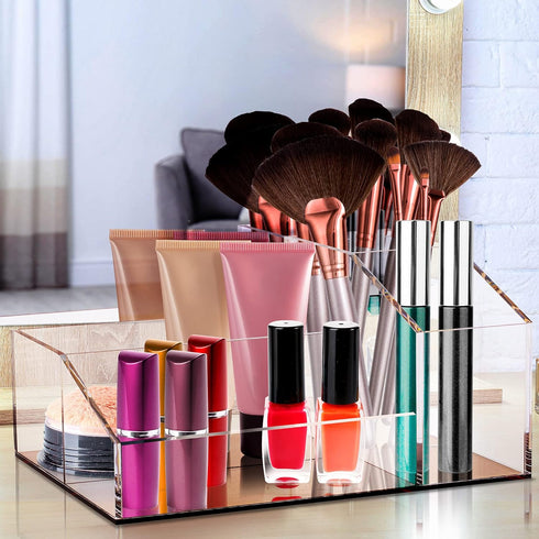 Clear Acrylic Makeup Brush Organizer with Metallic Rose Gold Base, 4 Compartment Office Organizers for Desk and