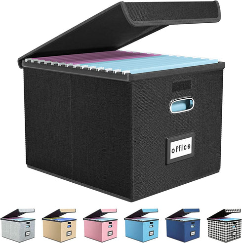 Huolewa Large Portable File Organizer Box, Black Linen Document Storage Box with Lid, Collapsible for Office/Home