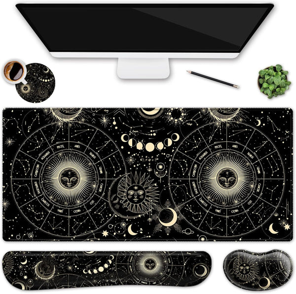 Keyboard Mouse Pad Set, Large Gaming Mouse Pad + Keyboard Wrist Rest + Coaster Set, 4Pcs Ergonomic XXL Desk Pad for