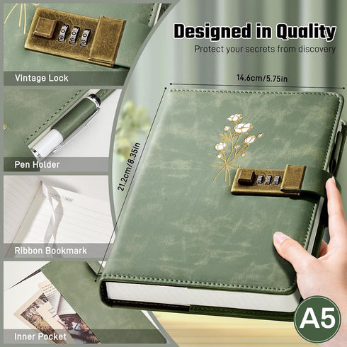 A5 260 100 5.7"x8.3", Ovesmusl Diary with Lock for Girls Leather Diary for Women Pages GSM Refillable Journal with Lock