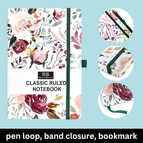 RICCO BELLO Classic College Ruled Notebook - Hardcover Lined Writing Journal, 192 Pages, 5.7" x 8.4" (Blossoms)