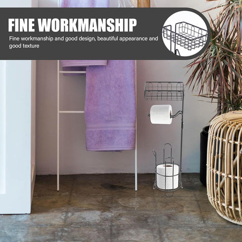 Freestanding Black Iron Bathroom Toilet Paper Holder with Storage Rack and Hollow Design Roll Dispenser for Household