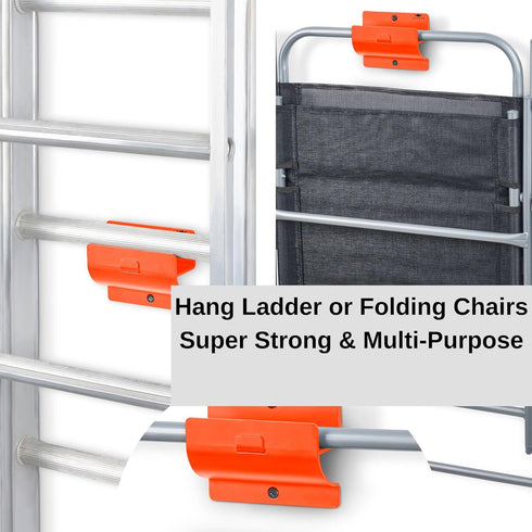 Set 2 Wheelbarrow, Ladder Hangers for Garage Wall of Hooks- Orange Step Stool Hanger Wall Mount. Tool Holder for Shed