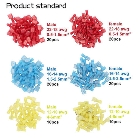 100PCS Spade Disconnect Wire Connectors,Fully Insulated Male Female 10-12 14-16 16-22 Gauge Nylon Quick Electrical Crimp Cold-Pressed Terminals