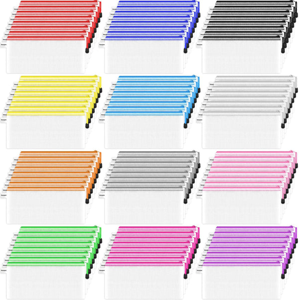 Smarpau 96 Pack Small Mesh Zipper Pouches, 12 Colors 9.3" x 4.7", Clear Waterproof Pencil Case for Office Travel