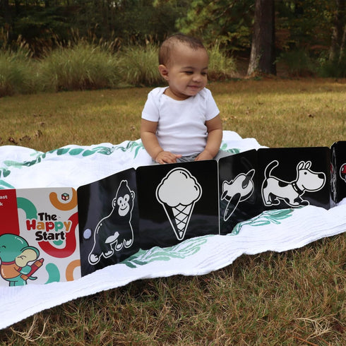 Happy Start High Contrast Board Book, Easy to Clean, Hospital Approved, Tummy Time Toys, Black and White Baby Toys,