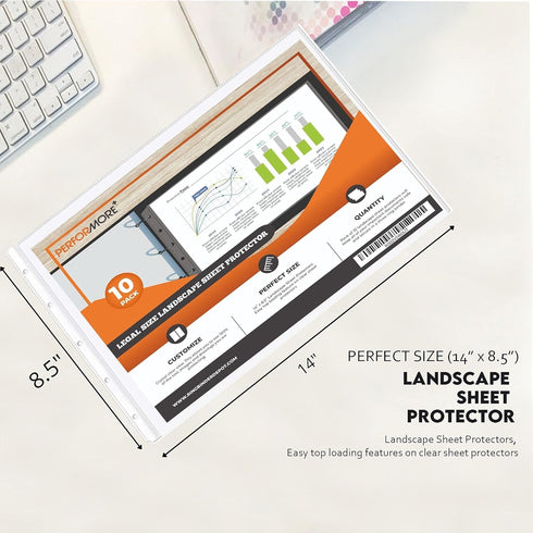 PERFORMORE 10 Pack Heavyweight Landscape Sheet Protectors, 8.5” x 14” Clear Archival Quality for Binders