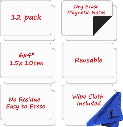 Dry Erase Magnets Set, 12 Pack 6x4" Whiteboard Magnetic Notes Planning Labels for Home, Office and Classroom