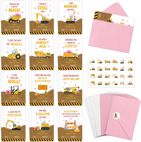 TICIAGA 72pcs Valentines Day Construction Truck Greeting Cards with Envelop and Sticker