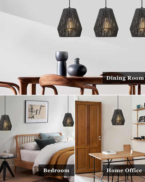 7" Woven Pendant Light Fixtures, ELYONA Farmhouse Coastal Hanging Lamp with Matte Black Handwoven Rattan Basket Shade