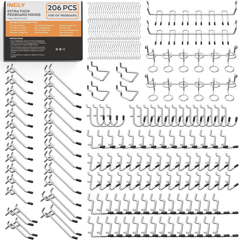 INCLY 1/4" Pegboard Hooks Set, 206PCS Heavy Duty Peg Hook Hanger for Craft Assortment Garage Organizer