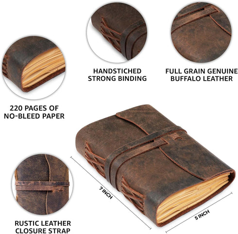 7"X5", 220 LEATHER VILLAGE Leather Bound Journal - Rustic Brown, Pages - Vintage Blank Paper Diary for Writing