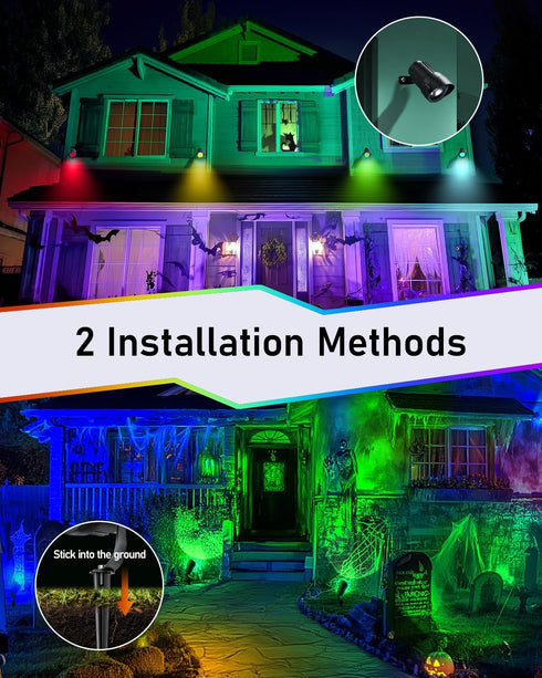 12W 120V Dimmable 2Pack HIBOITEC Christmas Spotlight Outdoor with Plug Timer Color Changing Landscape Lighting