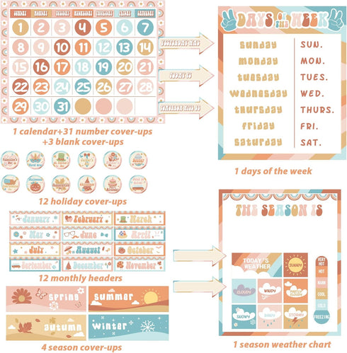 Groovy Calendar Bulletin Board Set Decorations Retro Hippie Calendar Seasons Weather Chart CTP Bulletin Board Paper-Cuts Boho Hippie Wall Decals for Nursery Elementary Middle School Classroom Decor by ZOIIWA