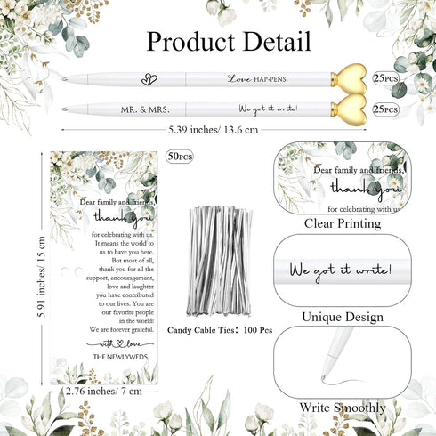 MotiMind 50 Sets Set, Wedding Guest Book Pens White Ballpoint Pens with Gold Heart Top, Thank You Cards Included, Sign